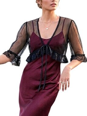 Vtg 90s Shirley of Hollywood sheer black lace tie front cropped bed jacket S